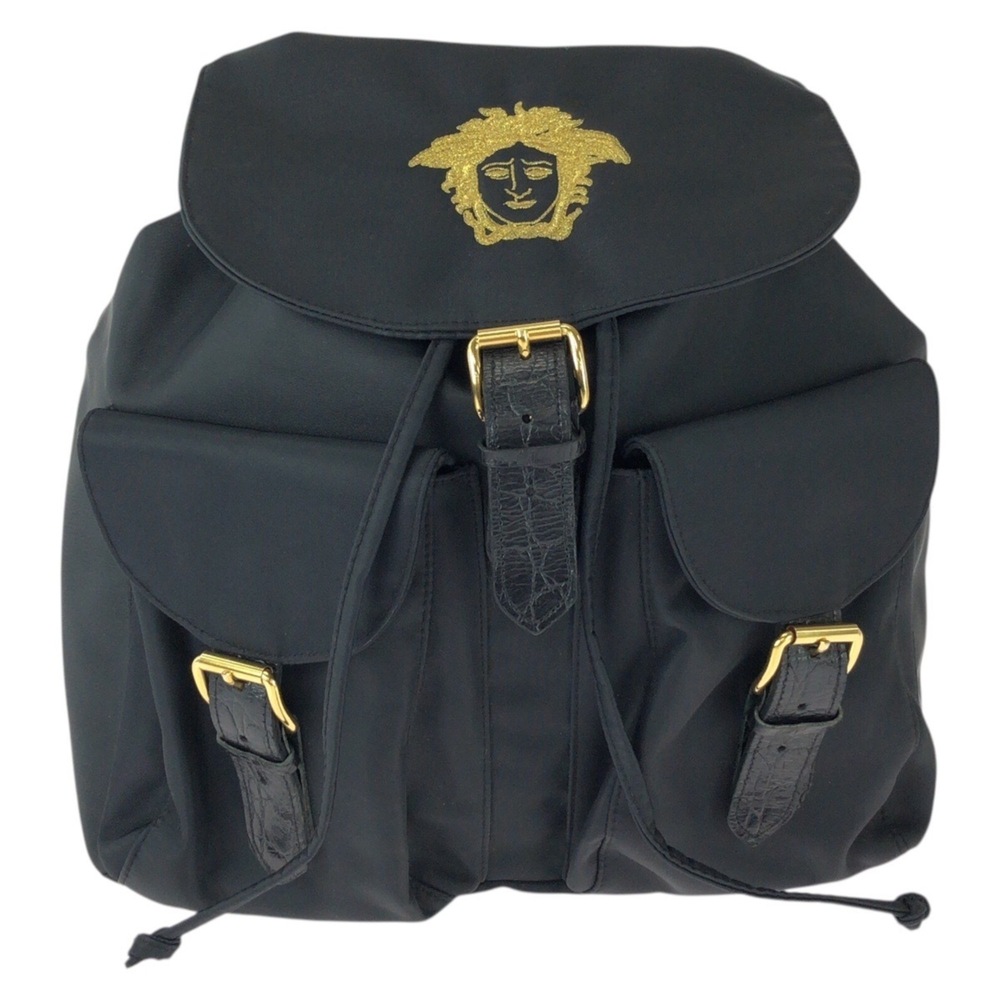 VERSACE Vintage Medusa Black Nylon Backpack with Gold Hardware for Women
